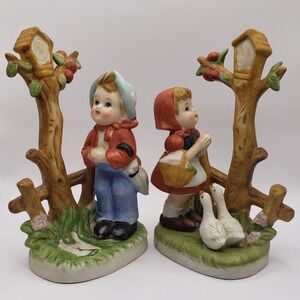 Vintage Figurine Ceramic Statue Boy Girl Ducks/Geese Apple Tree Bird House Set